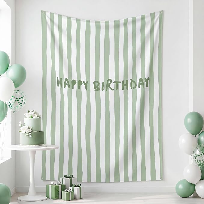 Flutesan 7x5ft Sage Green Stripe Happy Birthday Backdrop Large Banner Fabric Tapestry Birthday Party Decoration Baby Shower Linen Rustic Background Wall Photo Props Indoor Outdoor