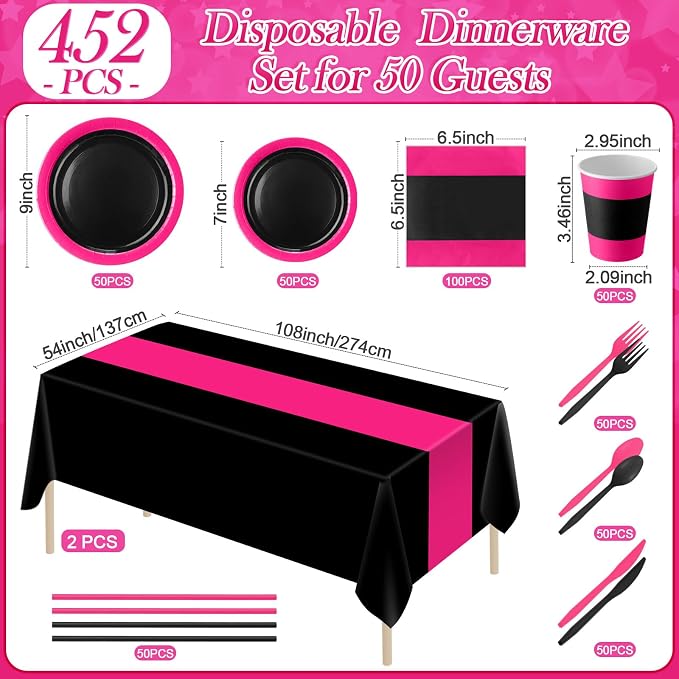 Funnymoom 452 Pcs Hot Pink and Black Party Supplies Serves 50 Guest, Pink and Black Paper Plates Cups Napkins Tablecloth Cutlery Straw Tableware Set for Birthday Wedding Bachelorette Party Decoration