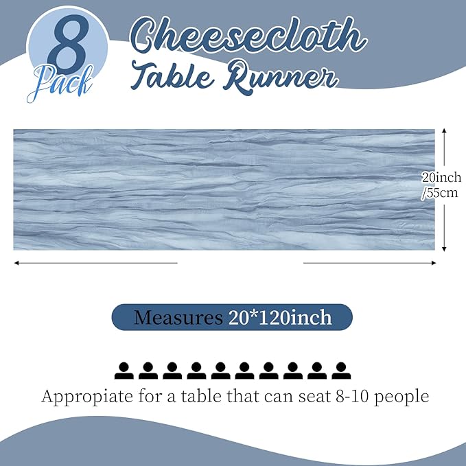 8 Pack Dusty Blue Cheesecloth Table Runners 20x120 Inch Gauze Table Runner Cheese Cloth 10FT Blue Table Runner Rustic Sheer Runner for Wedding Baby Shower Birthday Party Table Decor