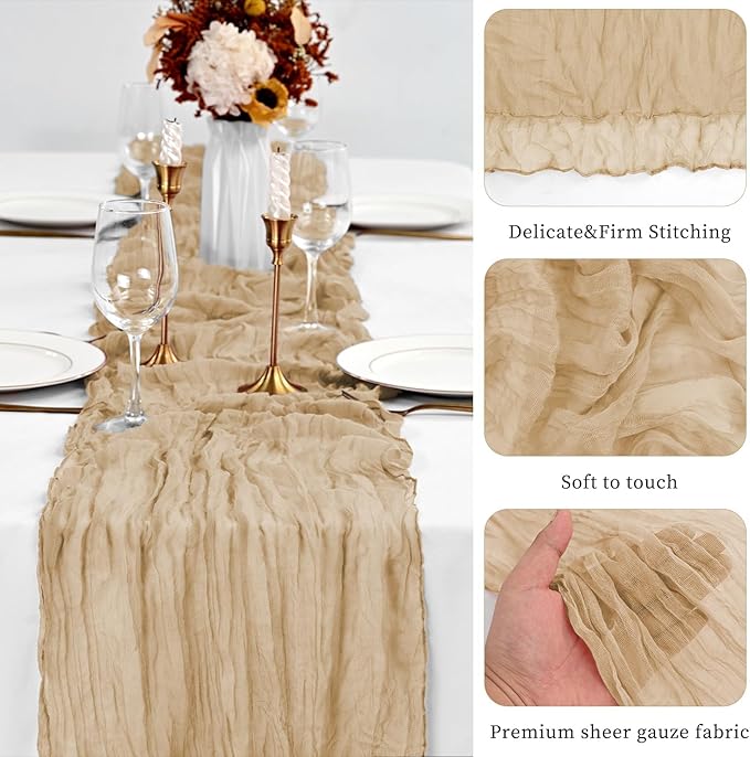 20 Pack Beige Table Runner 10Ft Cheesecloth Table Runner Boho Gauze Cheese Cloth Table Runners Romantic Long Sheer Fabric Table Runners for Wedding Party Bridal Shower