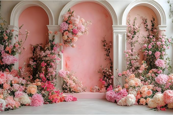YongFoto Europea Archway with Floral 10x7ft Rose Flower Elegant Romantic Retro Photography Background Birthday Bridal Shower Wedding Party Banner Room Decor Portrait Photoshoot Wallpaper Photo Booth