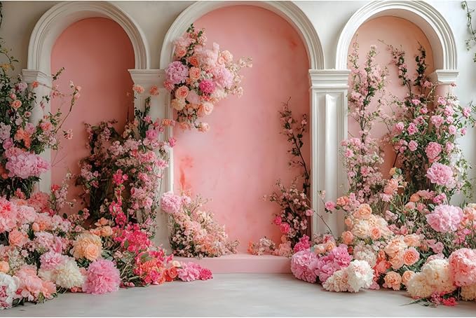 YongFoto Europea Archway with Floral 7x5ft Rose Flower Elegant Romantic Retro Photography Background Birthday Bridal Shower Wedding Party Banner Room Decor Portrait Photoshoot Wallpaper Photo Booth