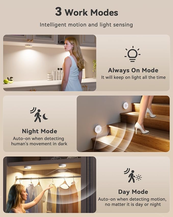 LENOMA Puck Lights with Remote, Rechargeable Under Cabinet Lighting, 3 Color Temps, 12 RGB Color LED Motion Sensor Lights Wireless, Dimmable Tap Lights for Closet, Kitchen, Shelf, Stair, 4 Pack