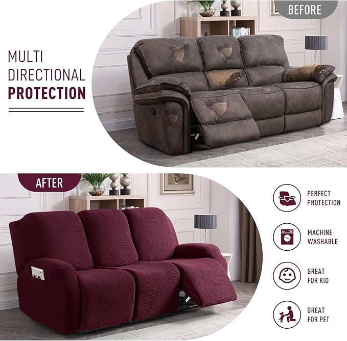 KinCam Recliner Covers, Stretch Reclining Chair Covers, Recliner Sofa Slipcovers Stripe Jacquard Recliner Couch Covers Furniture Protector Covers for Pet Kid (3 Seater, Burgundy)