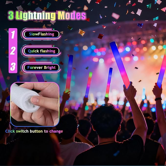 110pcs Led Glow Sticks,Foam Glow Sticks 3 Flashing Modes for Wedding Glow in The Dark Party Supplies, Foam Light up Sticks for Birthday, Raves, Outdoor Camping