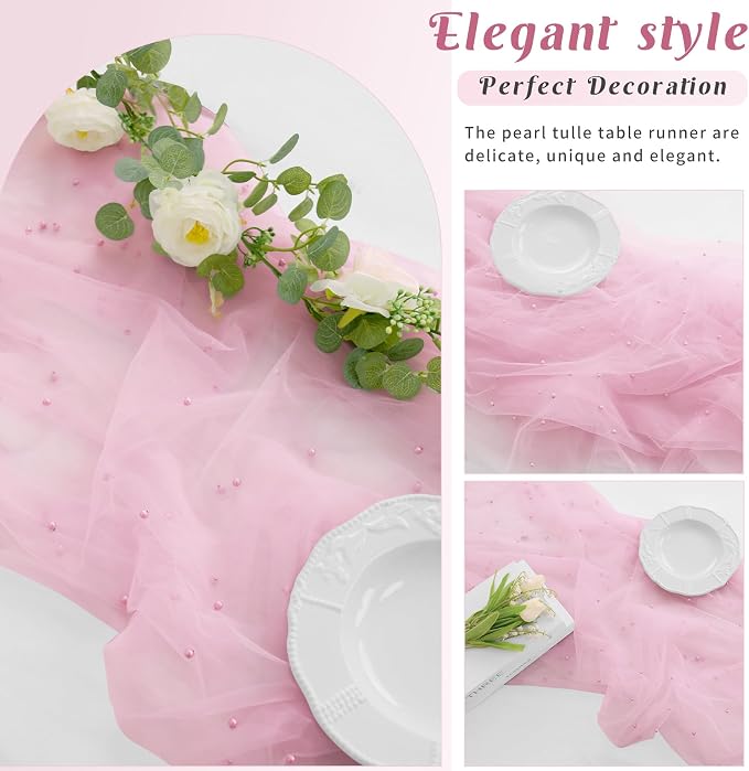Pearl Table Runner 29 x 120 Inch Tulle Fabric Lace Table Runners for Bridal Shower Birthday Party Wedding Arch Dessert Table Decor(1 Pack, Pink)