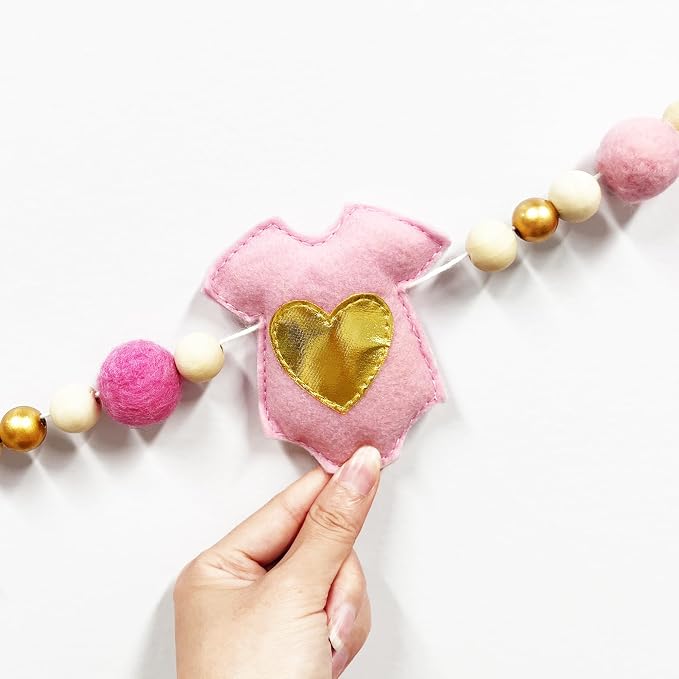 Gold and Pink Baby Clothes Decorations Handmade Pre-Strung Felt Baby Clothes Wooden Bead Wool Felt Ball Garland Banner for It's a Girl Sweet Girl Baby Shower Party Nursery Fireplace Home Wall Decor