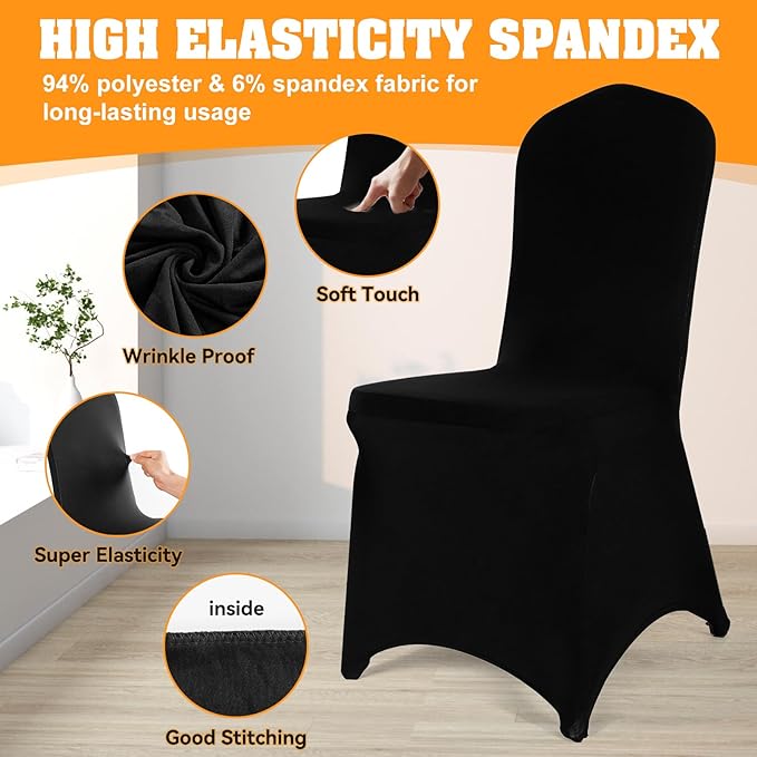150 PCS Black Polyester Spandex Chair Covers - Stretch Slipcovers for Wedding, Party, Dining, Banquet - Flat-Front Chair Covers