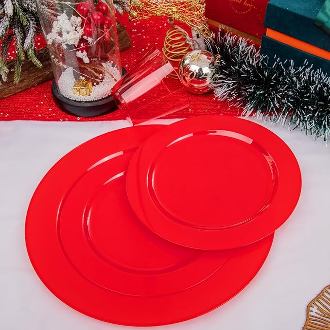 KIRE 150 Pieces Red Plastic Plates Disposable - Red Dinnerware Set Include 25Dinner Plates 25Salad Plates 25Forks 25Knives 25Spoons 25Clear Red Cups for Christmas Parties