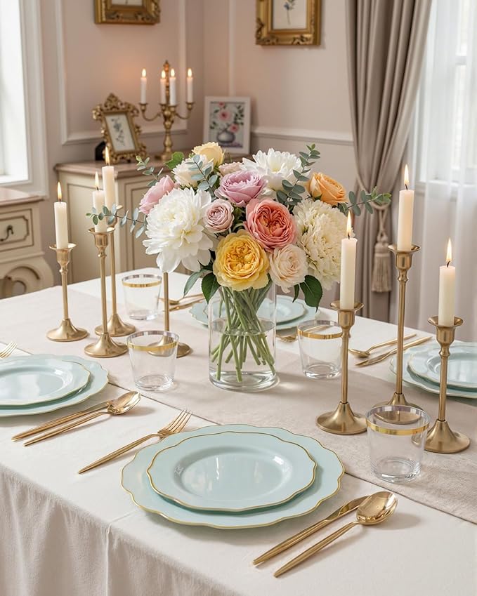 bUCLA 180PCS Green Plastic Plates - Disposable Sage Green with Gold Rim - Include 30 (Dinner & Dessert) Plates, 30 Knives, 30 Forks, 30 Spoons and 30 Cups for Party, Spring & Shower