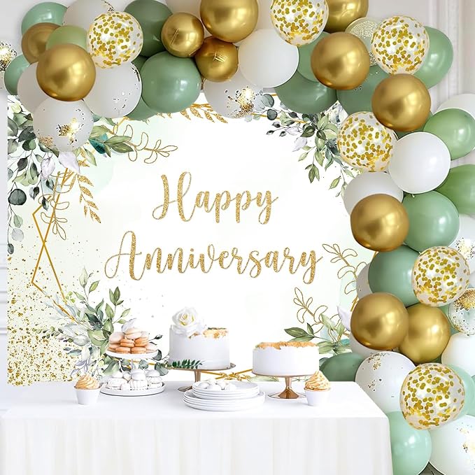 Withu Happy Anniversary Backdrop Sign Decorations Banner Sage Green Gold Photography Background Leaves Marriage Memorial 10 Years 25th 30th 40th 50th 60th Wedding Day Backdrops 6x4ft
