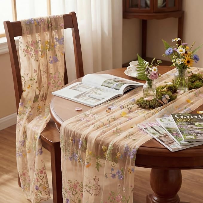 Champagne Floral Table Runner 10ft Embroidery Tulle Spring Wildflower Table Runner Seasonal Summer Butterfly Kitchen Dining Gauze Decoration for Wedding Baby Shower Birthday Party (3 Pcs)