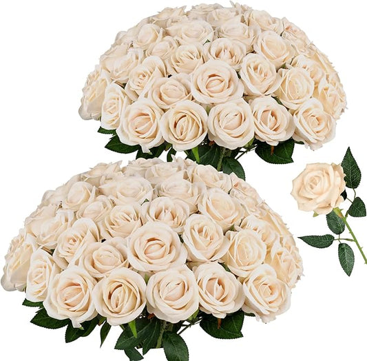 AmyHomie 48 PCS Champagne Roses Velvet Realistic Artificial Flowers with Bendable Stems for Wedding Bouquets Baby Shower Party Home Decor Fake Flowers Gifts for Valentines, Mothers Day, Womens Day