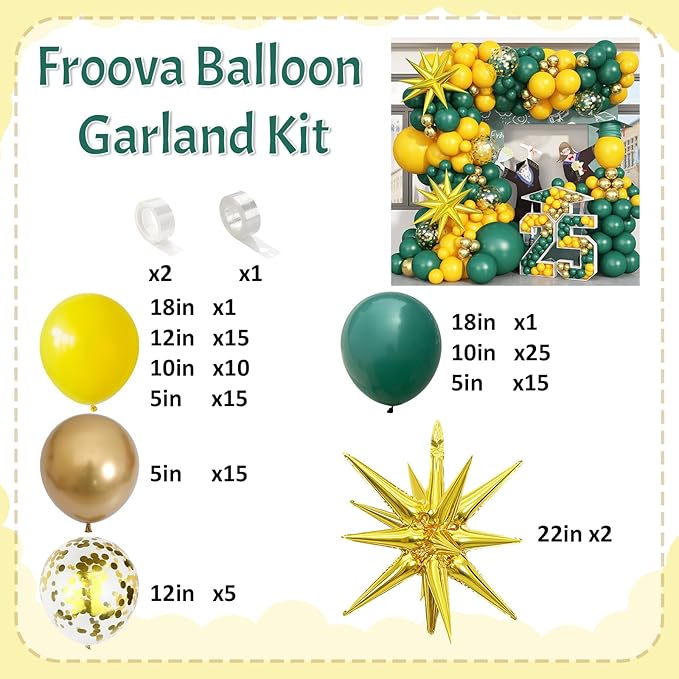 Green Yellow Balloon Garland Arch Kit, Dark Green Yellow Metallic Gold Balloon with Gold Confetti Explosion Star Foil Balloon for Birthday Baby Shower class of 2025 Graduation Party Decoration