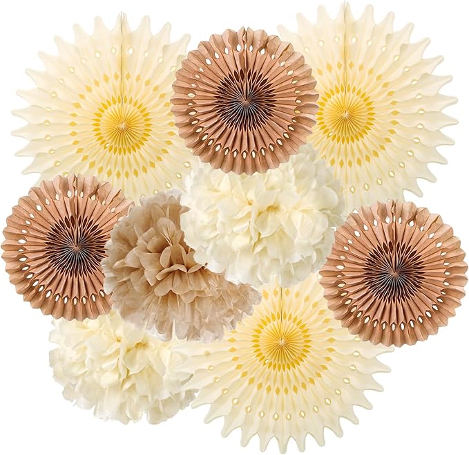 SUNBEAUTY Brown Party Decorations Boho Wedding Party Decor Brown Beige Tissue Pom Poms Paper Fans Hanging Neutral Women Birthday Party Decorations Bridal Shower Baby Shower Rustic Engagement Decor