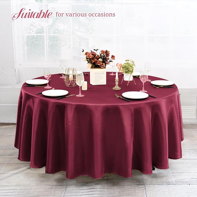 12 Pack 108 Inch Round Tablecloth, Burgundy Satin Fabric Tablecloth for Round Tables, Wrinkle Resistant Washable Table Cover Bright Silk Table Clothes for Wedding Party Dining Tables Banquet