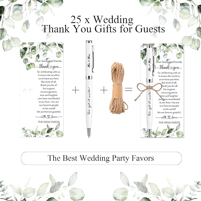 Affrolling 25 Sets Wedding Favors for Guests Bulk Retractable Ballpoint Pen Thank You Cards with Bridal Shower Gift for Guest Wedding Souvenirs Newlyweds Party Supplies (Leaf Style,Hemp Rope)
