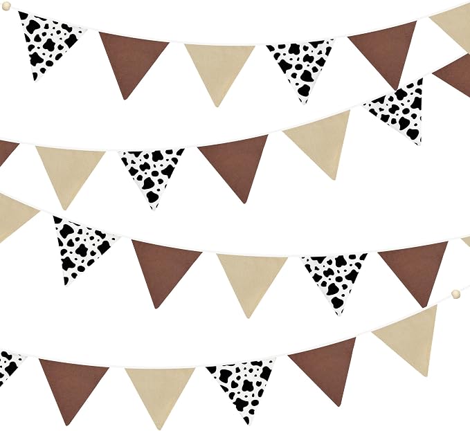 2 Sets of Cow Party Decorations Nursery Garland 24Pcs Brown Western Cowboy Fabric Linen Baby Banner Triangle Pennant Flags for Cowgirls Rodeo Birthday Country Baby Shower Derby Day Go Wild West Decor