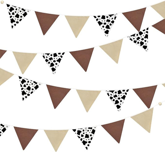 2 Sets of Cow Party Decorations Nursery Garland 24Pcs Brown Western Cowboy Fabric Linen Baby Banner Triangle Pennant Flags for Cowgirls Rodeo Birthday Country Baby Shower Derby Day Go Wild West Decor