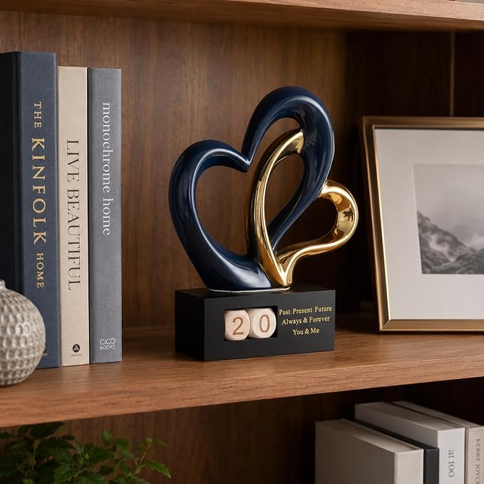 Ceramic Heart Sculpture with Date Blocks, Blue Gold Hearts Statue for Home Decor, Romantic Valentines Day & Wedding for Couple, Shelf Mantel Tabletop Display (Blue Gold)