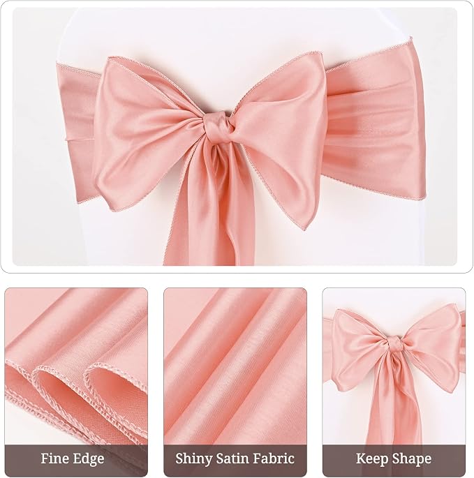 Pesonlook 60 PCS Rose Gold Satin Chair Sashes Bows,Satin Chair Sashes Universal Chair Cover for Wedding Reception Restaurant Event Decoration Banquet,Party,Hotel Event Decorations (7 x 108 inch)