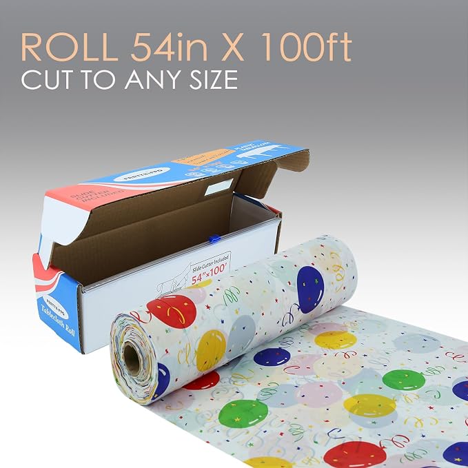 Plastic Tablecloth Roll – 54" x 100' Plastic Tablecloths for Parties Disposable with Cutter Box - Cut to Size Disposable Tablecloth for Rectangle & Round (Balloon)