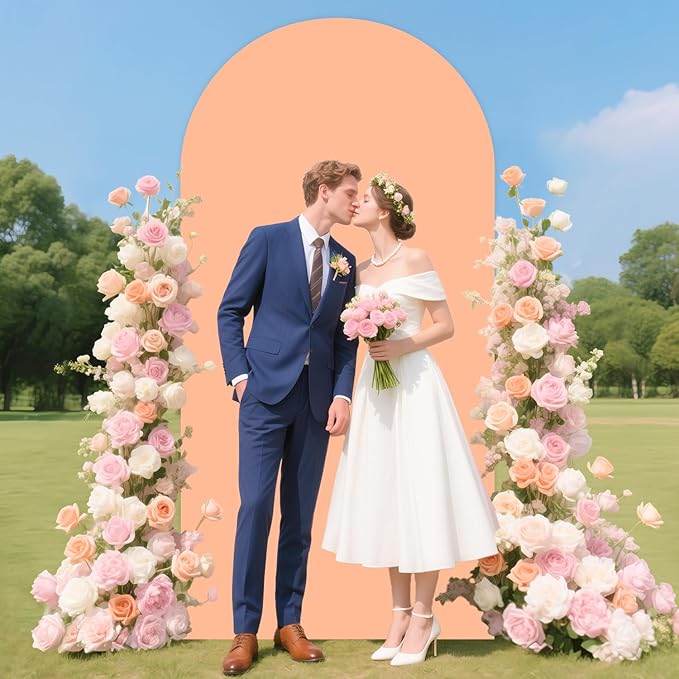 Metal Arch Backdrop Stand and Cover Set 7.2FT Gold Balloon Backdrop Arch Stand with Covers Peach Backdrops Covers Arch Spandex Arch Stands Cover for Birthday Party Banquet Graduation Decor