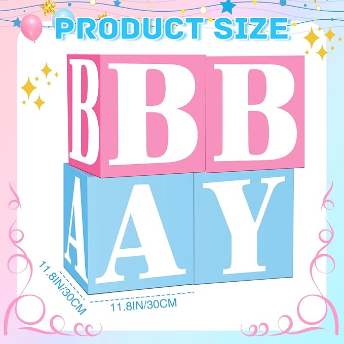 AmazingSpark 4 Pcs Gender Reveal Decorations Baby Boxes with Letters Baby Gender Reveal Pink and Blue Box Decor with Letters B A B Y Blocks Design for Party Backdrop