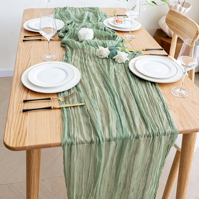 Wokceer Sage Green Cheesecloth Table Runner 10FT Boho Gauze Spring Easter Table Runner Cheese Cloth for Party Wedding Long Rustic Sheer Runners for Baby Bridal Shower