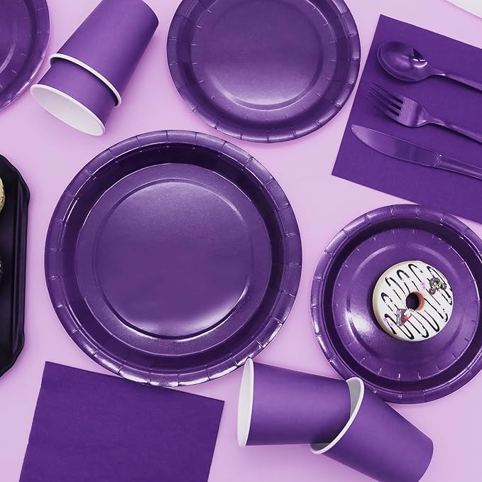 Purple Paper Plates Party Supplies,168pcs Purple Plates and Cups and Napkins Set for Mardi Gras Birthday Decorations Disposable Dinnerware Sets for Women Serve 24