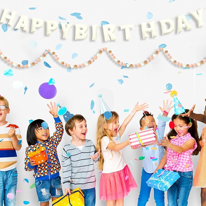 Mindsoft 2 Pcs 9.83ft Pre Strung 3D Happy Birthday Felt Fabric Banner with Ball Garland Reusable Pom Pom Garland for Birthday Party Decorations Sign Photo Prop Boys Girls(Bohemia Color)