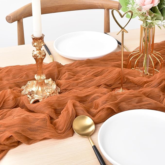 Joanlody Terracotta Cheesecloth Table Runner Spring Summer 10Ft Rustic Gauze Boho Cheese Cloth Table Runner for Wedding Bridal Baby Shower Decoration 10 Pack