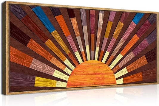 IARTTOP Extra Large Wood Sun Framed Wall Art 20x40 Inch Boho Sunrise 3D Geometric Wall Decor Mid century Sunshine Painting for Living room Bedroom Dining room Single