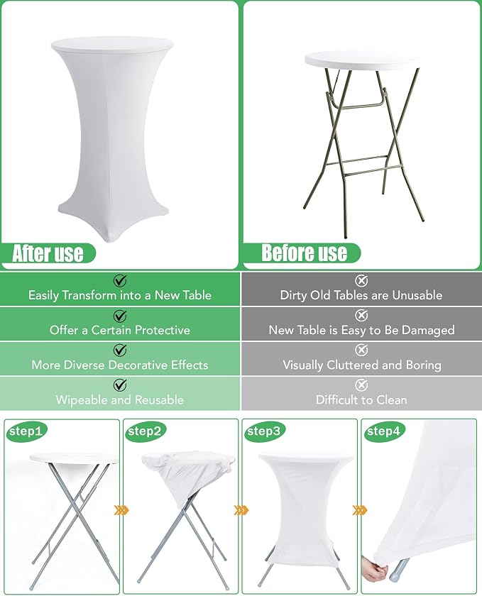 KeyWave Cocktail High Top Table Covers - 32x43 Inch Fitted Spandex Round Cocktail Tablecloth for Bar Height Standing Table Cloths Reusable, for Party Wedding Banquet Event Decorations, White, 6 Pack