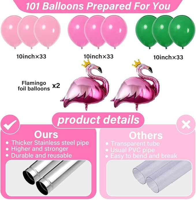 2 Sets Tropical Flamingo Balloon Column Stand Kit with 102 Pink Green Flamingo Foil Balloons Animal 5.57ft Adjustable Balloon Tower Stand with Bases Adjustable Arch Column for Luau Party Decor
