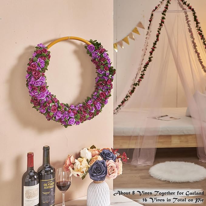 PONKING 8 Pcs x 8.2 ft Flower Garland Artificial Rose Vine Flowers with Green Leaves Hanging Fake Roses Vine for Room Party Home Wedding Birthday Christmas Wall Arch Decor, Spring Purple Flower