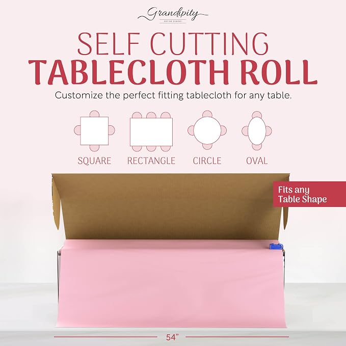 Grandipity Plastic Tablecloth Roll - 54in x 100 Ft. Pink Plastic Table Cloths for Parties Disposable with Cutter Box - Cut to Size Disposable Tablecloth Table Cover for Rectangle & Round