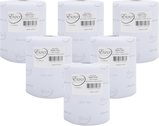 Expo International Decorative Matte Tulle, Roll/Spool of 6” X 200 Yards, Lightweight Polyester Tulle Fabric for Tutus, Costumes, and Party Decorations, Washable, Easy-to-Use, Pack of 6, White
