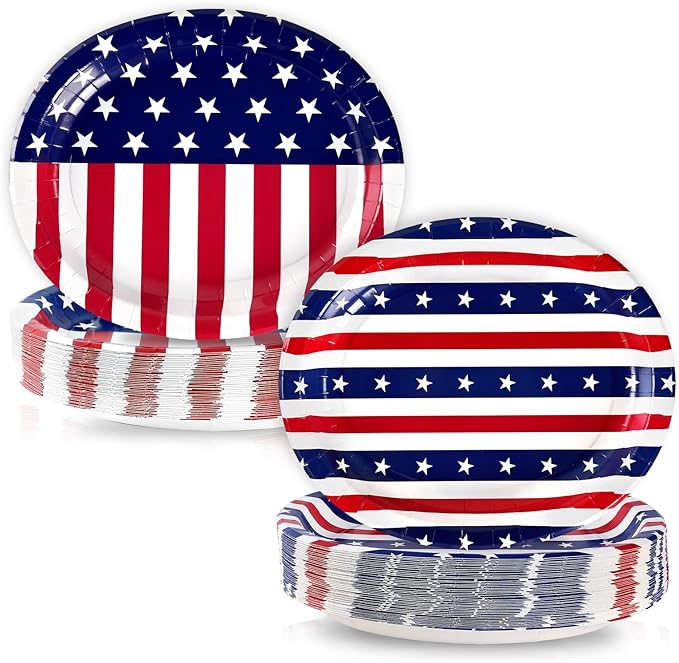 OuMuaMua 100Pcs Heavy Duty Patriotic Party Plates Supplies, American Flag Oval Disposable Paper Plates and Napkins for 4th of July Independence Day, Veterans Day, Election Day Party Decorations
