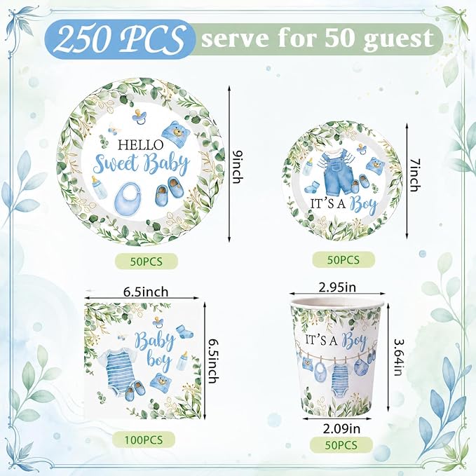 Pickmesh 250 Pcs Blue Boy Baby Shower Disposable Tableware Set Hello Sweet Boy Paper Plates Napkin Cup Cutlery with Sage Decoration for Gender Reveal Birthday Party Supply Baby Shower, Serve 50 Guest