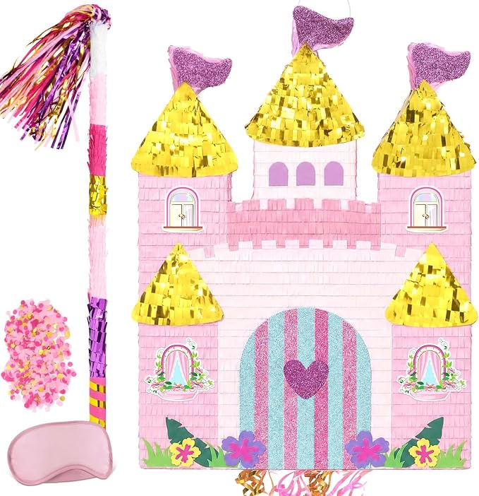 WERNNSAI Large Princess Castle Piñata - 23.6”x 16.3”Princess Birthday Party Decorations Pink Piñata with Blindfold and Bat for Girls Family Game Birthday Party Supplies Castle Design