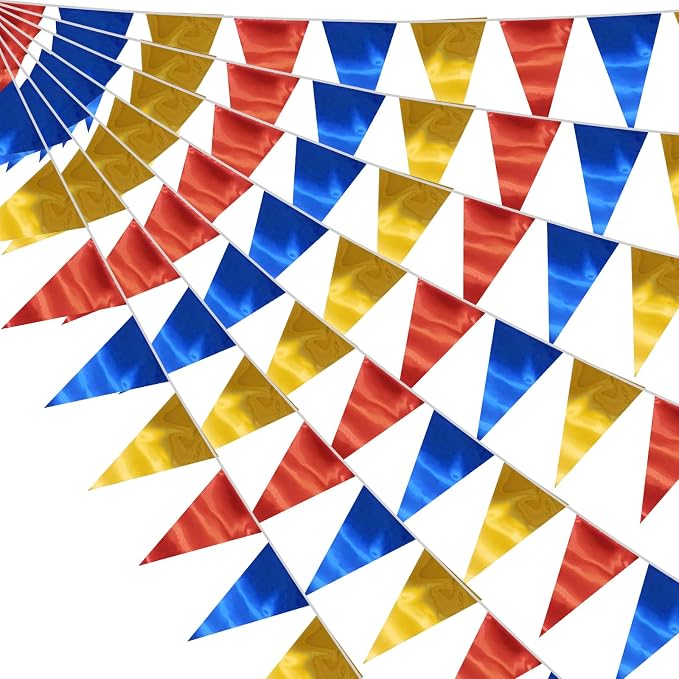 40M/130FT Gold Blue Red Triangle Pennant Banner Flag Metallic Fabric Bunting Garland for Christmas Graduation, Independence Day, 4th of July, Patriotic Themed Party Decoration