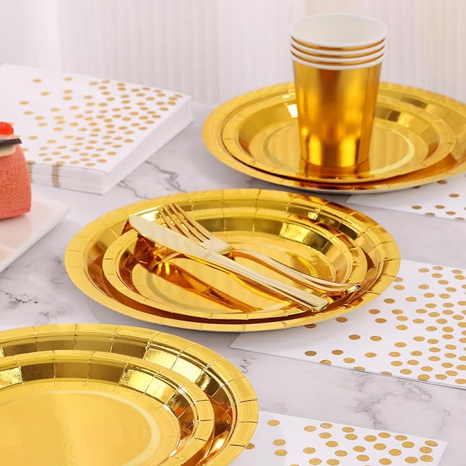 168pcs Gold Paper Plates Party Plates and Cups and Napkins Sets,Gold Plates Party Supplies Disposable Dinnerware Set Serves 24 for Anniversary Graduation Birthday Party Decorations