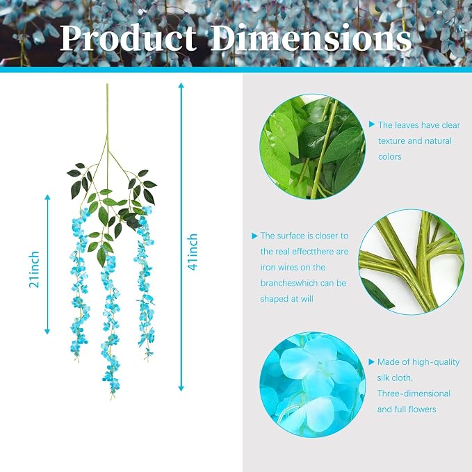 5 Pack Lake Blue Wisteria Hanging Flowers, 3.4 Ft Fake Hanging Flowers, Artificial Wisteria Garland Vines for Wedding Room Backdrop Outdoor Patio Garden Decoration