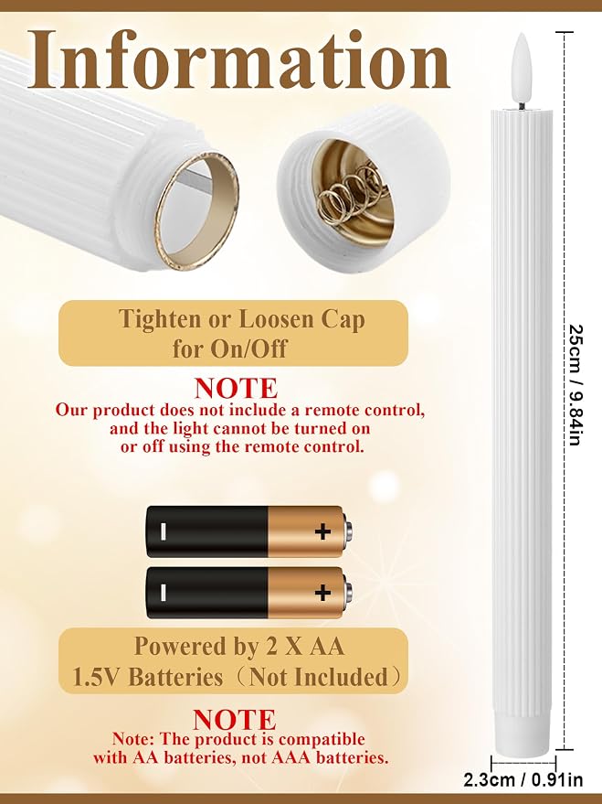 Funtery 48 Pcs Flameless LED Taper Candles Battery Operated Candles Bulk Realistic LED Candlesticks Flickering for Wedding Church Party Home Decor(White,10 Inch,Elegant Style)
