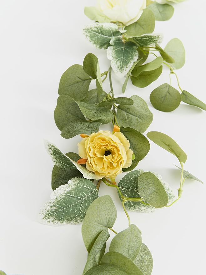 MISSPIN 2pcs Artificial Flowers Garland Spring Eucalyptus Garland Vintage Fake Flower Peony Rose Vine Greenery Decorative Wall Hanging Plant for Wedding Arch Door Arrangement Party Decor