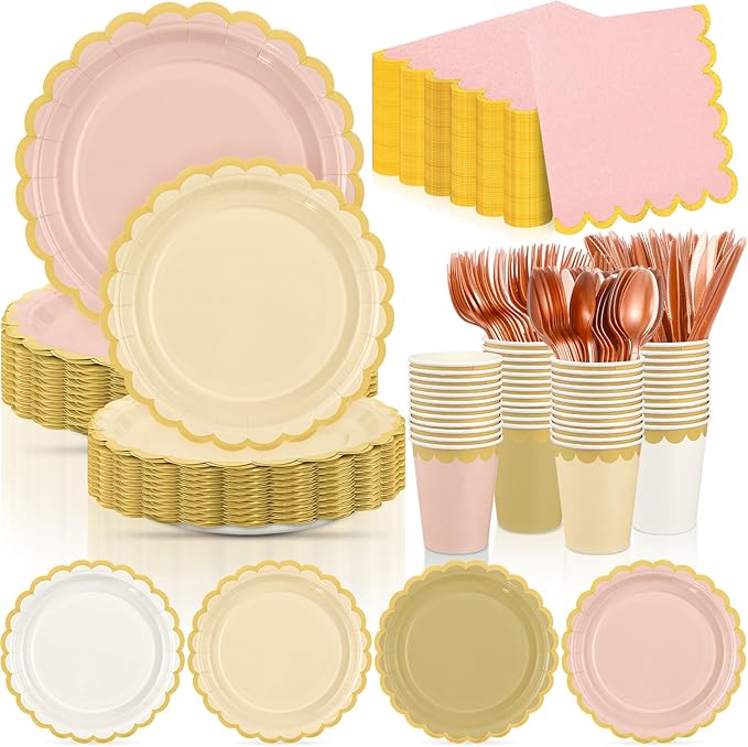 Mimorou 338 Pcs Champagne-gold Beige Plates and Napkins Party Supplies Rose Gold Tableware Include Scalloped Pink Plates Paper Napkin Cup Spoon Fork Knife for Boho Baby Shower, Wedding, Birthday