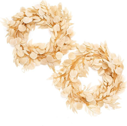 Ling's Moment Eucalyptus Garland for Table, 5.9ft White & Beige Fake Eucalyptus Wreaths with Willow, 2pcs Real Touch Leaf Garland for Wedding Centerpieces Arch Rehearsal Dinner Bridal Shower
