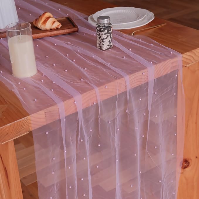 Set of 1 Pearl Table Runner 10ft, 29 * 120 Inch Purple Table Cloth Pearl Sheer Tulle Table Cover,Pearl Table Runner for Wedding Party Baby Shower Birthday Home Decor