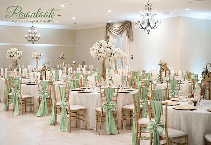 Pesonlook 120 PCS Sage Green Satin Chair Sashes Bows Satin Chair Sashes Universal Chair Cover for Wedding Reception Restaurant Event Decoration Banquet,Party,Hotel Event Decorations (7 x 108 inch)